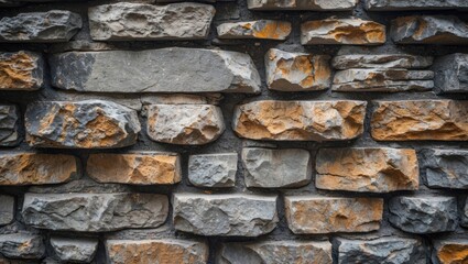 Poster - Textured stone wall background with various shades of gray and orange natural stones arranged in a uniform pattern