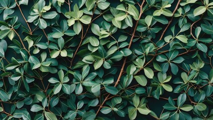 Poster - Green foliage with leaves and branches arranged harmoniously on a dark background providing a natural texture and pattern.