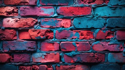 Poster - Colorful textured brick wall with vibrant shades of red, blue, and purple paint on distressed surface