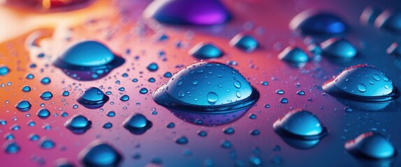 Poster - Close-up of colorful water droplets on a reflective surface with a gradient light background and varying shapes and sizes of droplets.