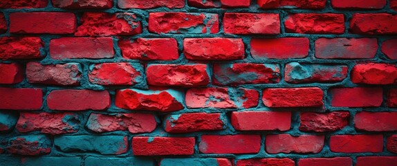 Aufkleber - Red and turquoise textured brick wall background with uneven surfaces and color variations