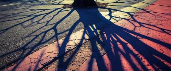 Poster - Tree shadows on cracked pavement creating intricate patterns in sunlight on a colorful urban sidewalk scene