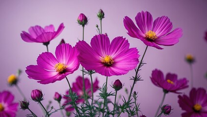 Poster - Vibrant pink cosmos flowers with yellow centers against a soft purple background in natural light.