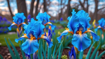 Poster - Blue iris flowers blooming in a vibrant garden setting with blurred background of greenery and trees in early spring.