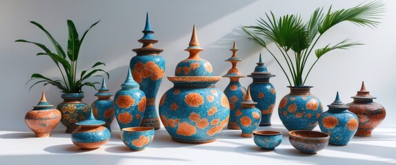 Poster - Colorful ceramic vases in various shapes and sizes arranged artistically with green plants in bright indoor setting