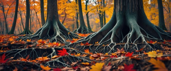 Poster - Autumn forest scene with tree roots and fallen leaves in vibrant colors of orange, red, and yellow showcasing natural landscape beauty