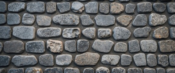 Poster - Gray cobblestone wall texture background with irregular shapes and sizes of stones arranged in a pattern