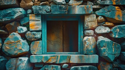 Poster - Stone wall with rustic window framed by colorful rocks and textured surfaces, showcasing natural materials and unique architecture
