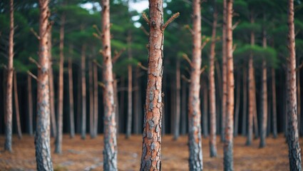 Aufkleber - Pine tree forest with tall trunks and green foliage in soft focus background natural landscape scene