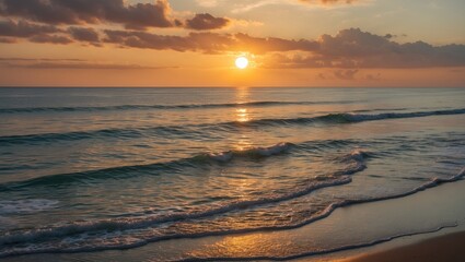 Aufkleber - Sunset over calm ocean waves with golden reflections on the water surface and soft clouds in the sky during twilight.