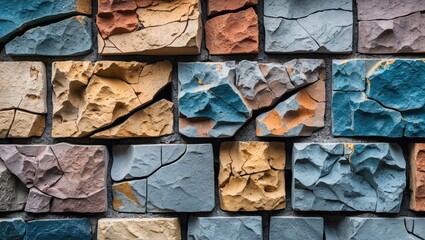 Poster - Colorful textured stone wall with various shapes and shades of blue, brown, and gray natural stones arranged in a decorative pattern