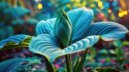 Poster - Blue green hosta plant leaves with rippled texture and soft natural lighting in a garden setting.