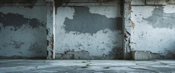 Poster - grungy urban interior wall with peeling paint and cracked concrete floor in abandoned building setting