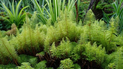 Poster - Lush green ferns in a natural setting with long leaves and textured foliage in a vibrant garden environment