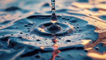 Poster - Close-up of water droplet creating ripples on surface during sunset with reflections and bubbles in fluid dynamics background