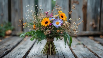 Poster - Wildflower bouquet with colorful blooms arranged in rustic setting on wooden surface with natural lighting.