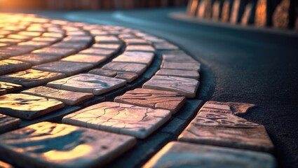 Poster - Curved stone pathway with decorative tiles at sunset casting warm light on the surface