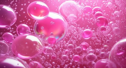 Aufkleber - Pink bubbles with reflections in a vibrant pink liquid background displaying various sizes and types of bubbles with fine foam texture.