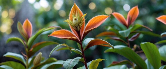 Poster - vibrant tropical foliage with reddish orange leaves and new growth on blurred green background in natural light