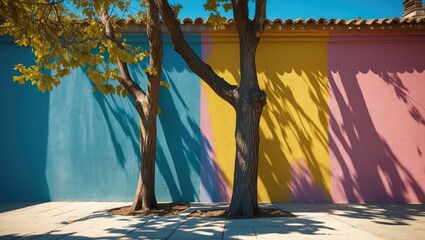 Fototapete - Colorful wall with geometric patterns and shadows cast by two trees in a sunny outdoor urban environment.
