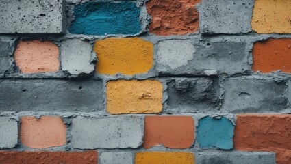 Poster - Colorful brick wall with grey mortar background, featuring various hues of blue, orange, yellow, and pink bricks in a textured arrangement
