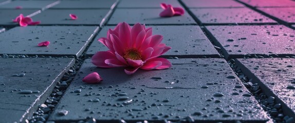 Poster - Pink flower with petals on wet pavement in a close-up view highlighting raindrops and textures of the stones.
