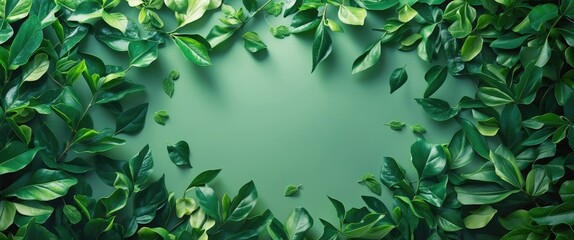 Poster - Green leaves border on a solid background creating a natural frame for design projects showcasing foliage and nature.