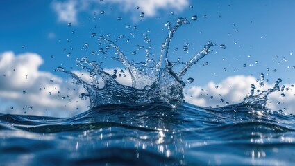 Poster - Water splash capturing droplets with blue sky and clouds in the background, reflecting light on the ocean surface.