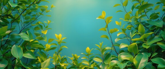 Poster - Lush green foliage with vibrant leaves against a soft turquoise background creating a natural frame and calming ambiance