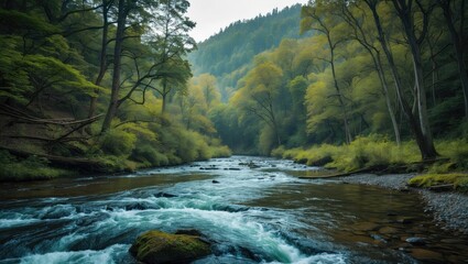 Poster - serene forest river flowing through lush greenery surrounded by mountains in soft morning light