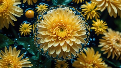 Poster - Close-up view of bright yellow chrysanthemums surrounded by water droplets on dark background