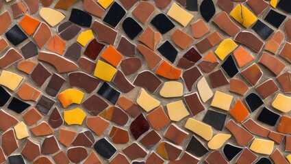 Aufkleber - Colorful mosaic tile background with various shapes and shades of brown, yellow, black, and orange ceramic pieces arranged in a pattern