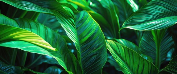 Poster - Tropical green leaves with textured patterns under soft natural light in a lush garden environment