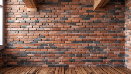 Aufkleber - Interior of a room featuring a textured brick wall with wooden beams and wooden flooring in a modern design setting
