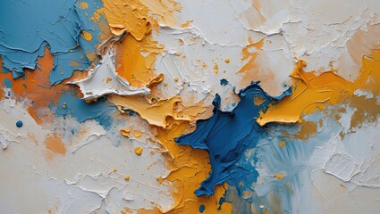 Poster - Abstract textured painting with blue, orange, and white colors featuring thick impasto elements and vibrant brush strokes