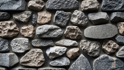 Poster - Textured arrangement of various shapes and sizes of natural stones layered on a wall surface in neutral tones