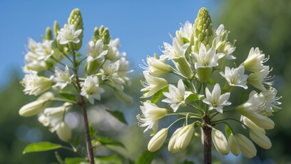 Poster - White flowering plant with clusters of blooms against a blue sky highlighting its delicate petals and green leaves.