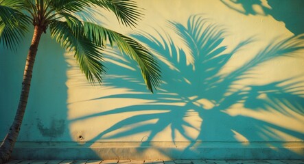 Fototapete - Palm tree shadow on textured blue wall with sunlight creating natural patterns and contrast on surface.