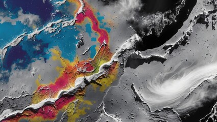 Poster - Abstract artistic representation of oceanic terrain with vivid colors and textures illustrating geological features and water patterns.