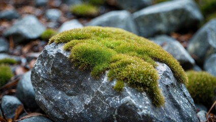 Poster - Moss covered rock surrounded by pebbles and natural foliage in a tranquil outdoor setting