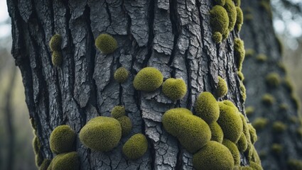 Aufkleber - Close-up view of textured tree bark with clusters of green moss and lichen growth in a natural outdoor setting.