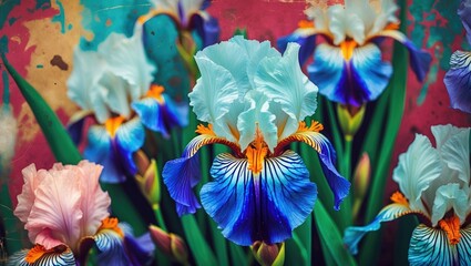 Poster - Colorful irises in bloom with textured background showcasing vibrant petals and green foliage in garden setting