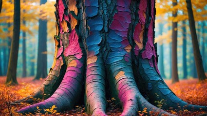 Poster - Colorful tree trunk in forest with vibrant autumn leaves and contrasting bark textures under soft light conditions