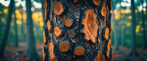 Aufkleber - Close-up of textured tree trunk with distinct circular patterns and bark details in a forest setting during golden hour light