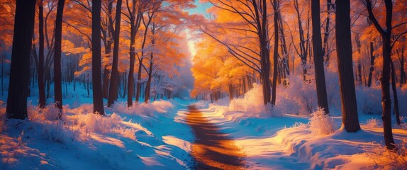Aufkleber - Winter forest path with bright orange trees and snow, showcasing a serene landscape during sunset.