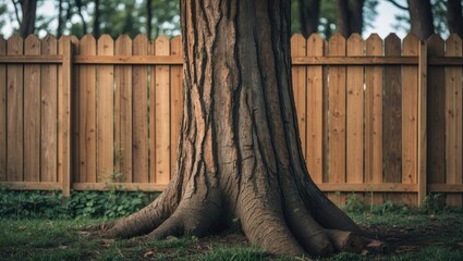 Aufkleber - Large tree trunk with detailed bark texture near wooden fence in a green park setting