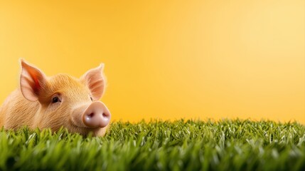 A cute pink pig relaxing in the green grass under the bright sunlight with a gentle breeze on a farm