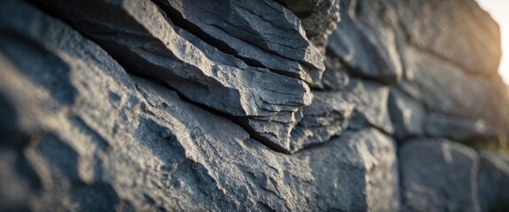 Poster - Close-up texture of rough stone wall with layered rocky surfaces and natural lighting details