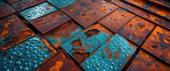 Poster - Rusty metal roof tiles with a patina of blue and orange corrosion texture. Close-up view showing damage and wear on the surface.