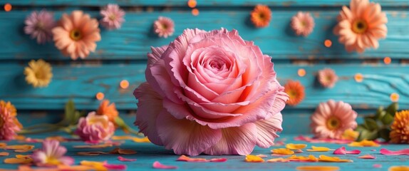 Poster - Pink rose in focus surrounded by colorful flowers and petals on a vibrant blue wooden background.